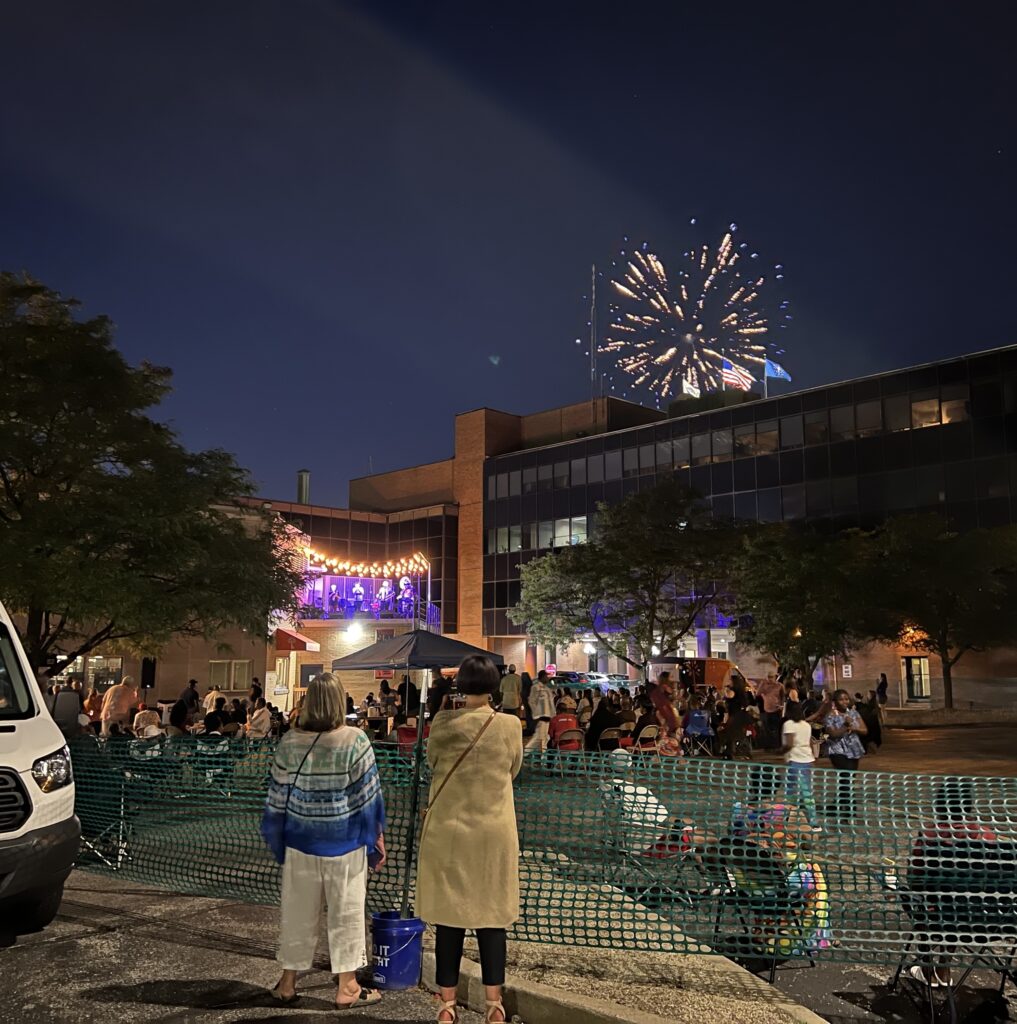Fireworks and live music at Elkhart Public Library during jazz fest weekend.