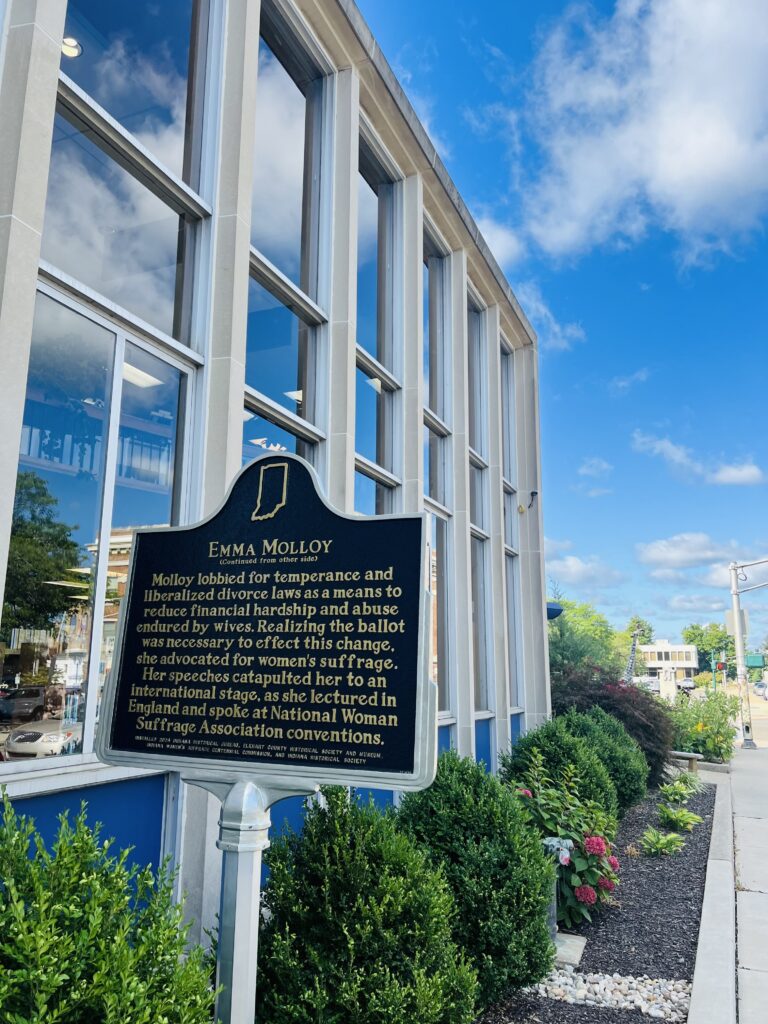 The Indiana Historical Marker dedicated to Emma Barrett Molloy on High Street in downtown Elkhart